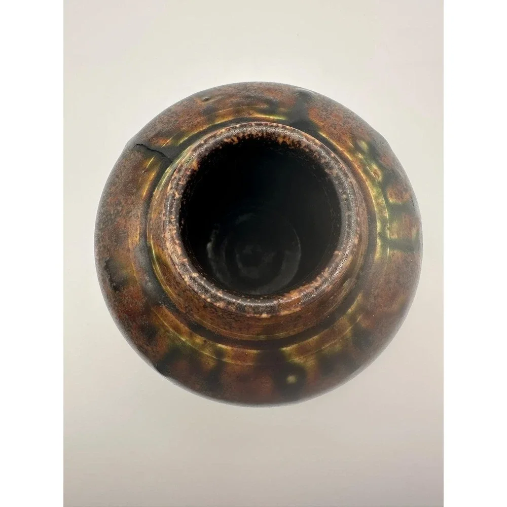 Artist Signed Rustic Speckled Pottery Vase Brown Green Studio Art 5.5